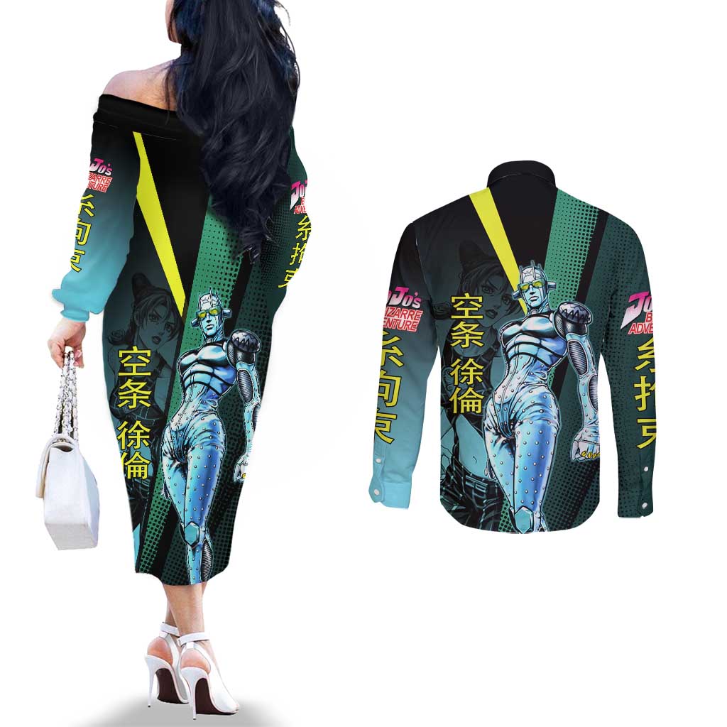 Jolyne Cujoh JoJo’s Bizarre Adventure Couples Matching Off The Shoulder Long Sleeve Dress and Long Sleeve Button Shirt with Stone Free Stand - The Mazicc