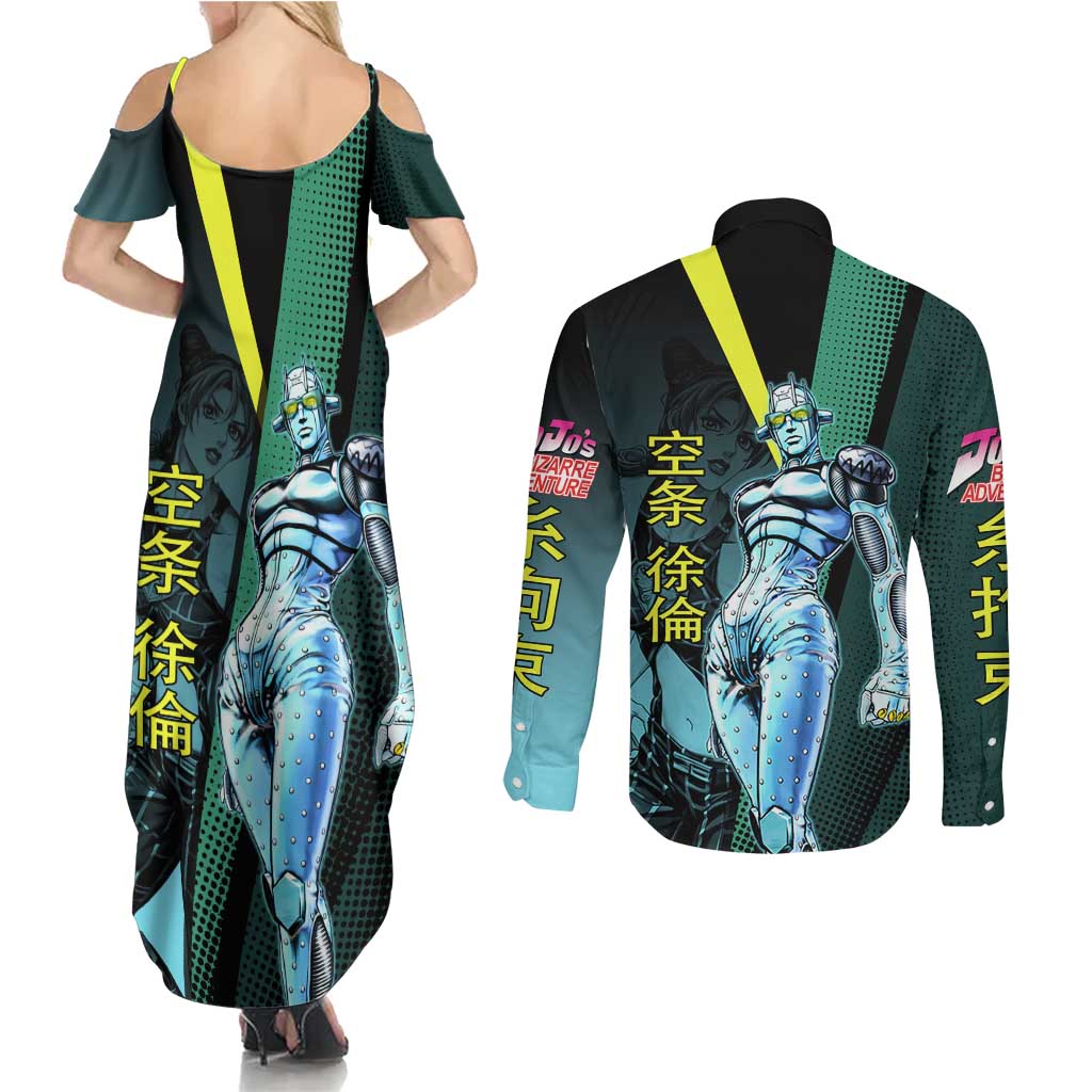Jolyne Cujoh JoJo’s Bizarre Adventure Couples Matching Summer Maxi Dress and Long Sleeve Button Shirt with Stone Free Stand - The Mazicc