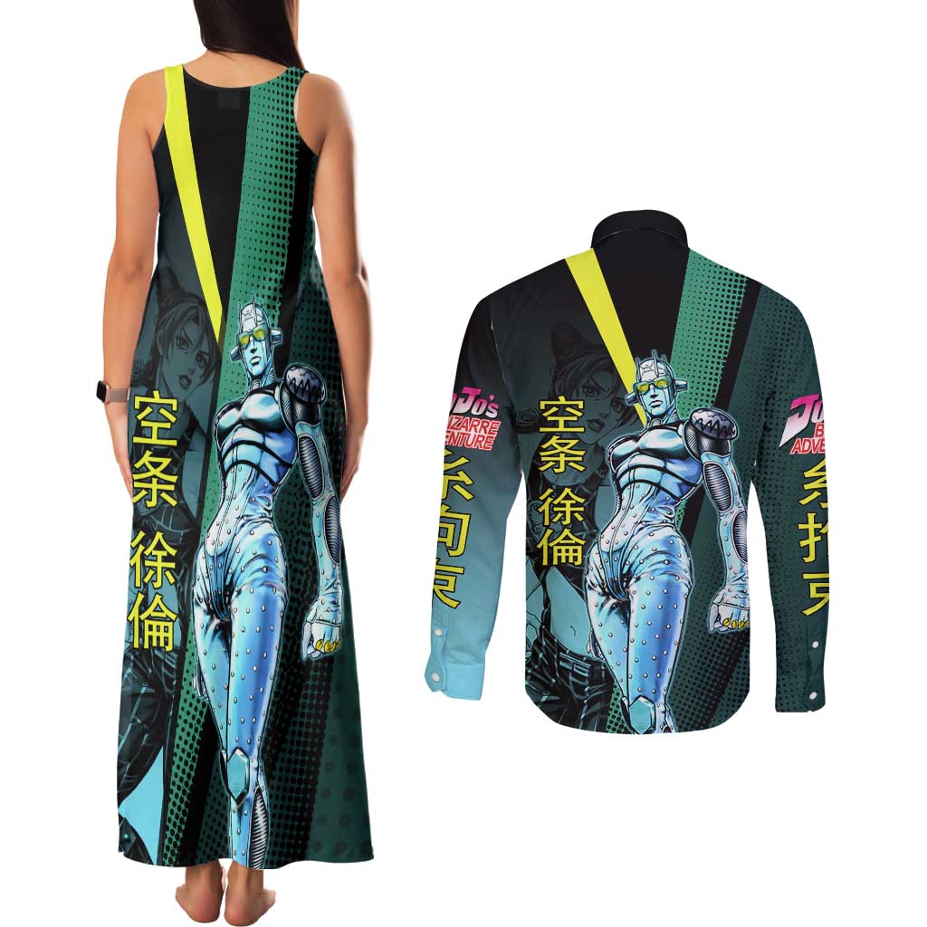 Jolyne Cujoh JoJo’s Bizarre Adventure Couples Matching Tank Maxi Dress and Long Sleeve Button Shirt with Stone Free Stand - The Mazicc