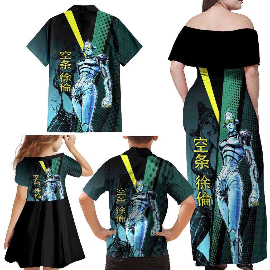 Jolyne Cujoh JoJo’s Bizarre Adventure Family Matching Off Shoulder Maxi Dress and Hawaiian Shirt with Stone Free Stand