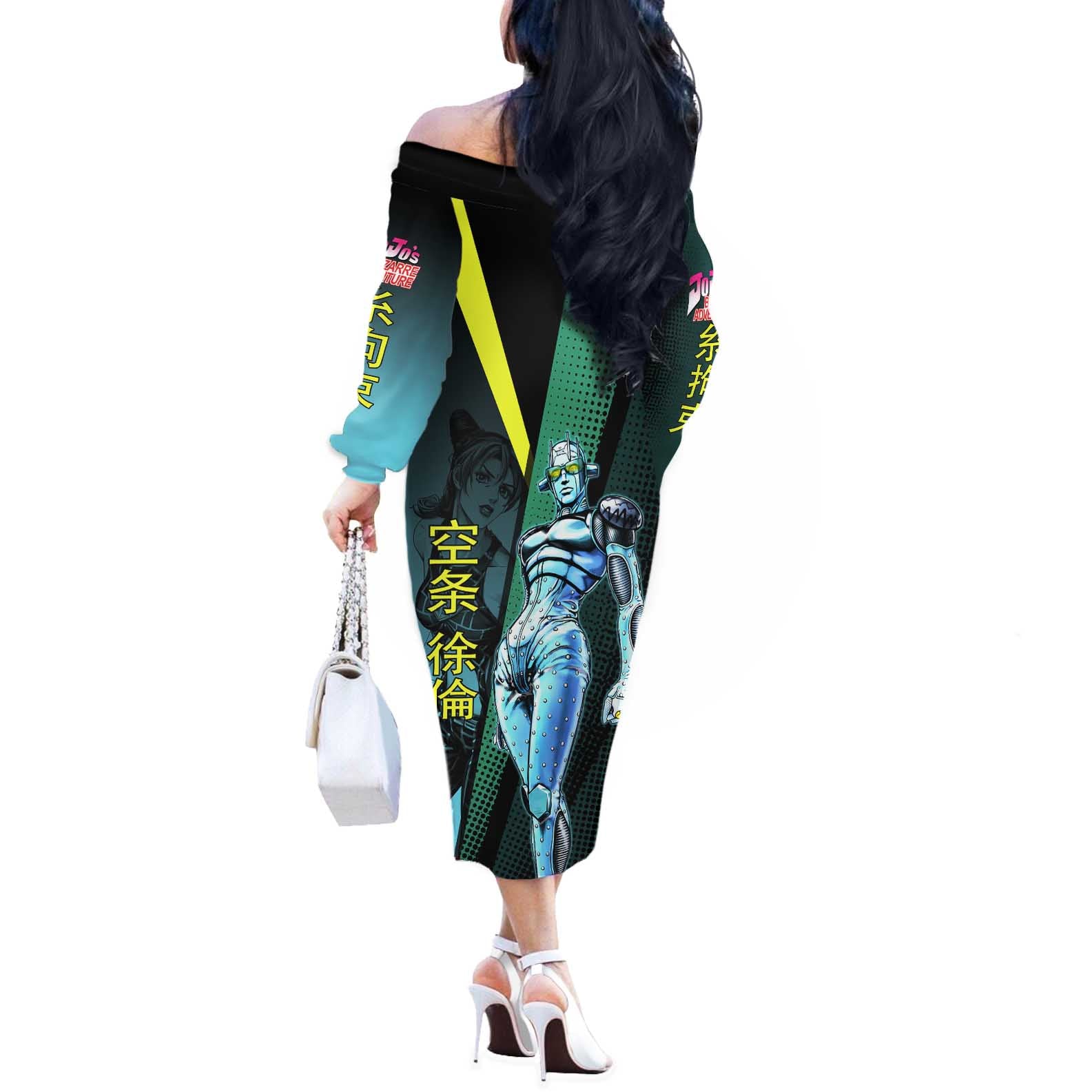 Jolyne Cujoh JoJo’s Bizarre Adventure Off The Shoulder Long Sleeve Dress with Stone Free Stand - The Mazicc