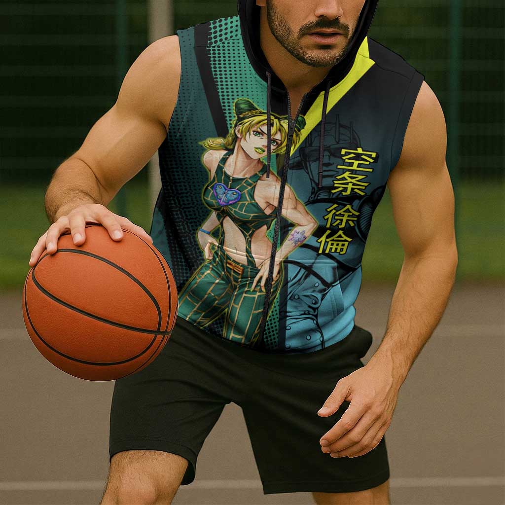 Jolyne Cujoh JoJo’s Bizarre Adventure Sleeveless Zip Hoodie with Stone Free Stand - The Mazicc