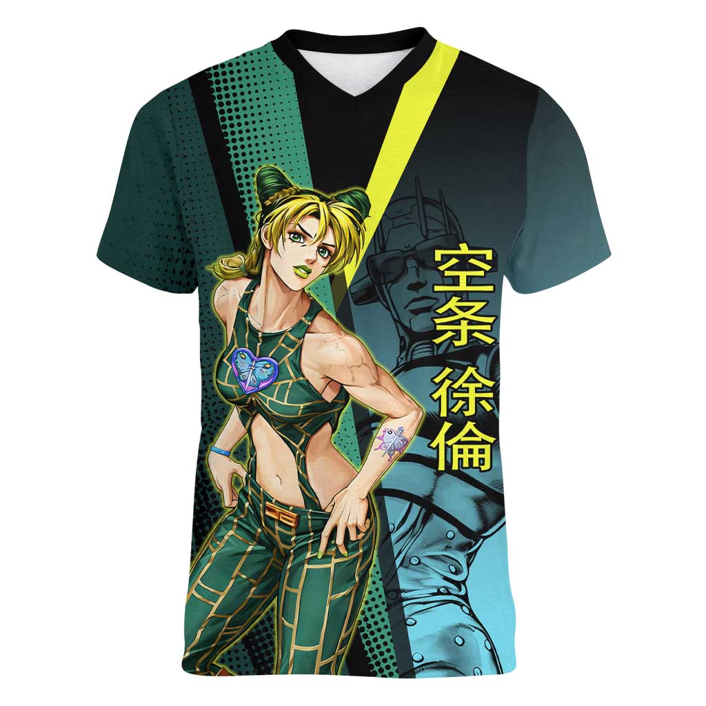 Jolyne Cujoh JoJo’s Bizarre Adventure Women V-Neck T-Shirt with Stone Free Stand - The Mazicc