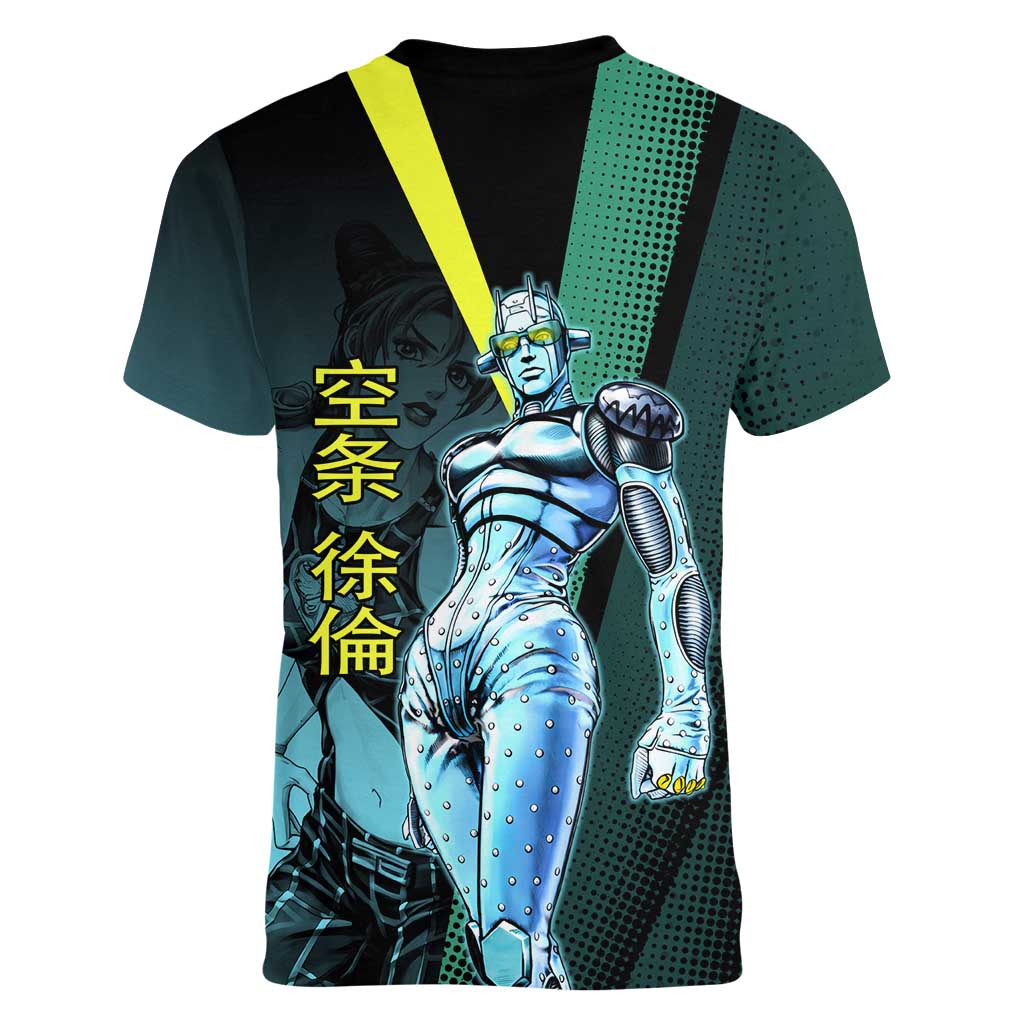 Jolyne Cujoh JoJo’s Bizarre Adventure Women V-Neck T-Shirt with Stone Free Stand - The Mazicc