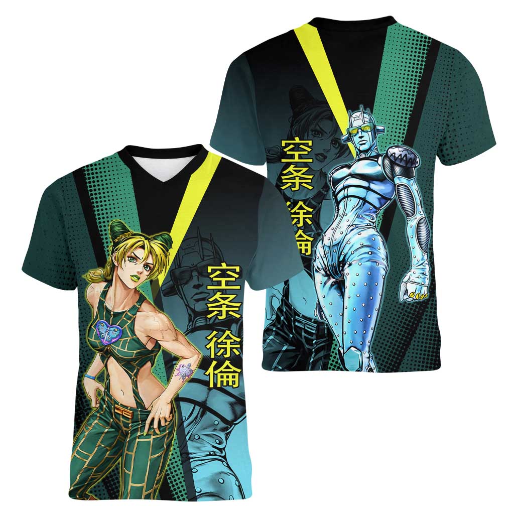 Jolyne Cujoh JoJo’s Bizarre Adventure Women V-Neck T-Shirt with Stone Free Stand - The Mazicc