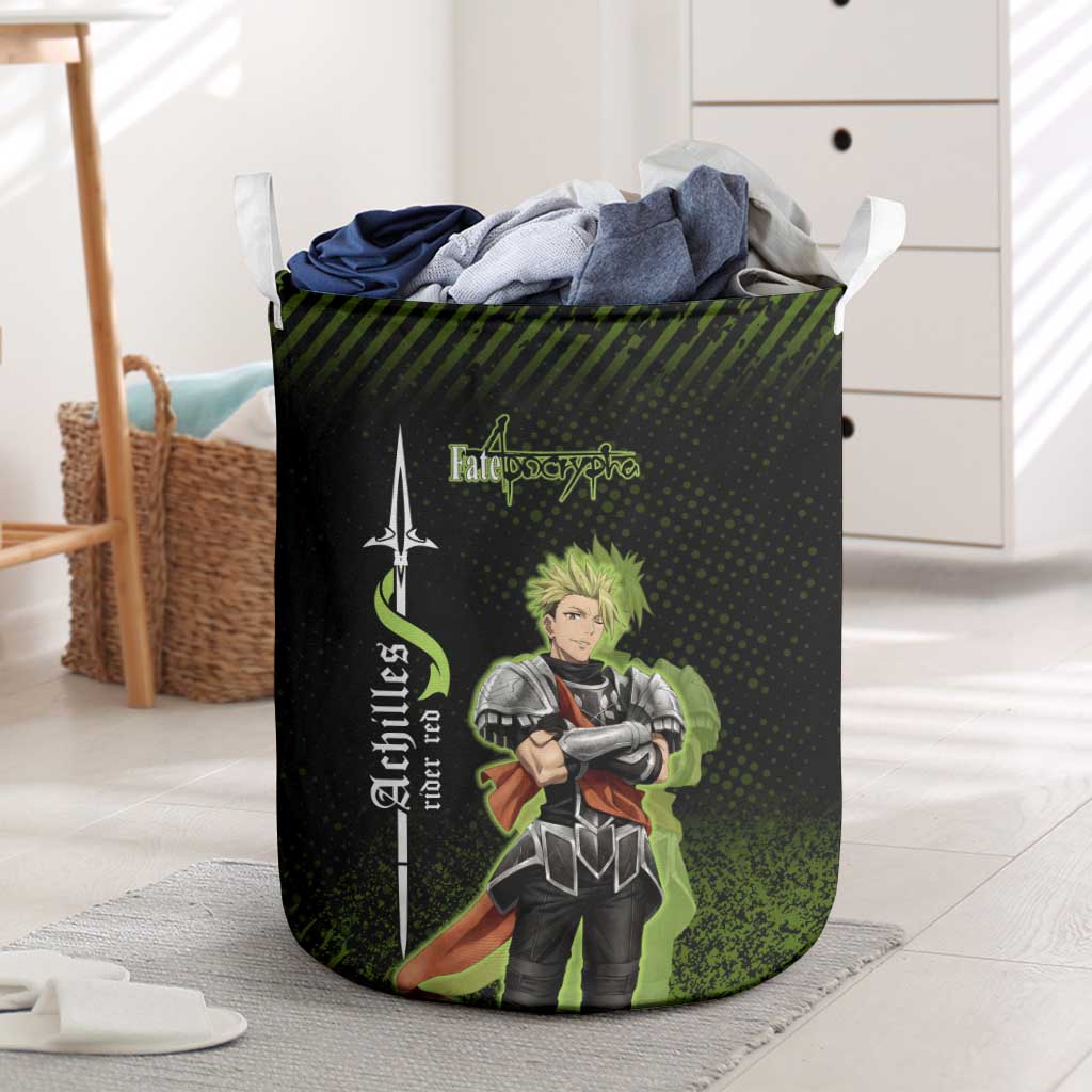 Achilles Fate Apocrypha Theme Laundry Basket with Spear Pose and Green Black Grunge Graphic Design - The Mazicc