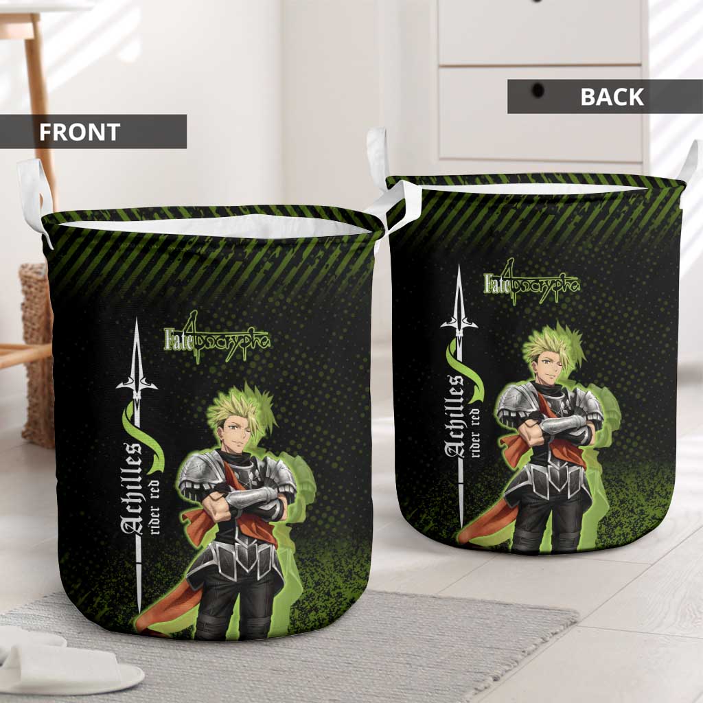 Achilles Fate Apocrypha Theme Laundry Basket with Spear Pose and Green Black Grunge Graphic Design - The Mazicc