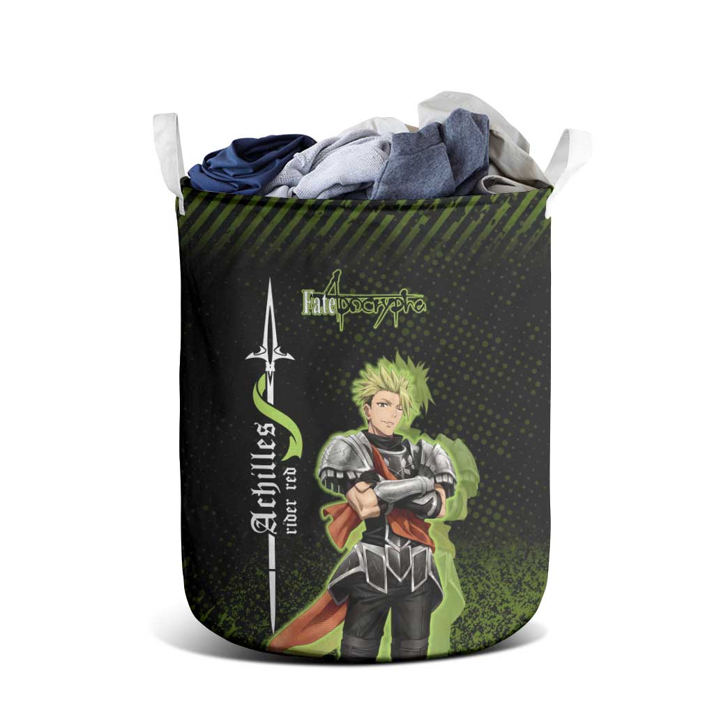 Achilles Fate Apocrypha Theme Laundry Basket with Spear Pose and Green Black Grunge Graphic Design - The Mazicc