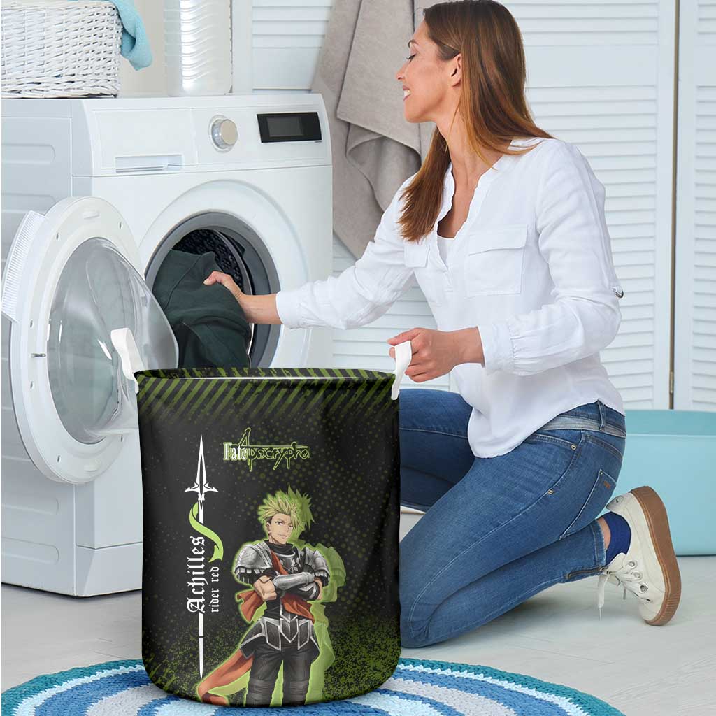 Achilles Fate Apocrypha Theme Laundry Basket with Spear Pose and Green Black Grunge Graphic Design - The Mazicc