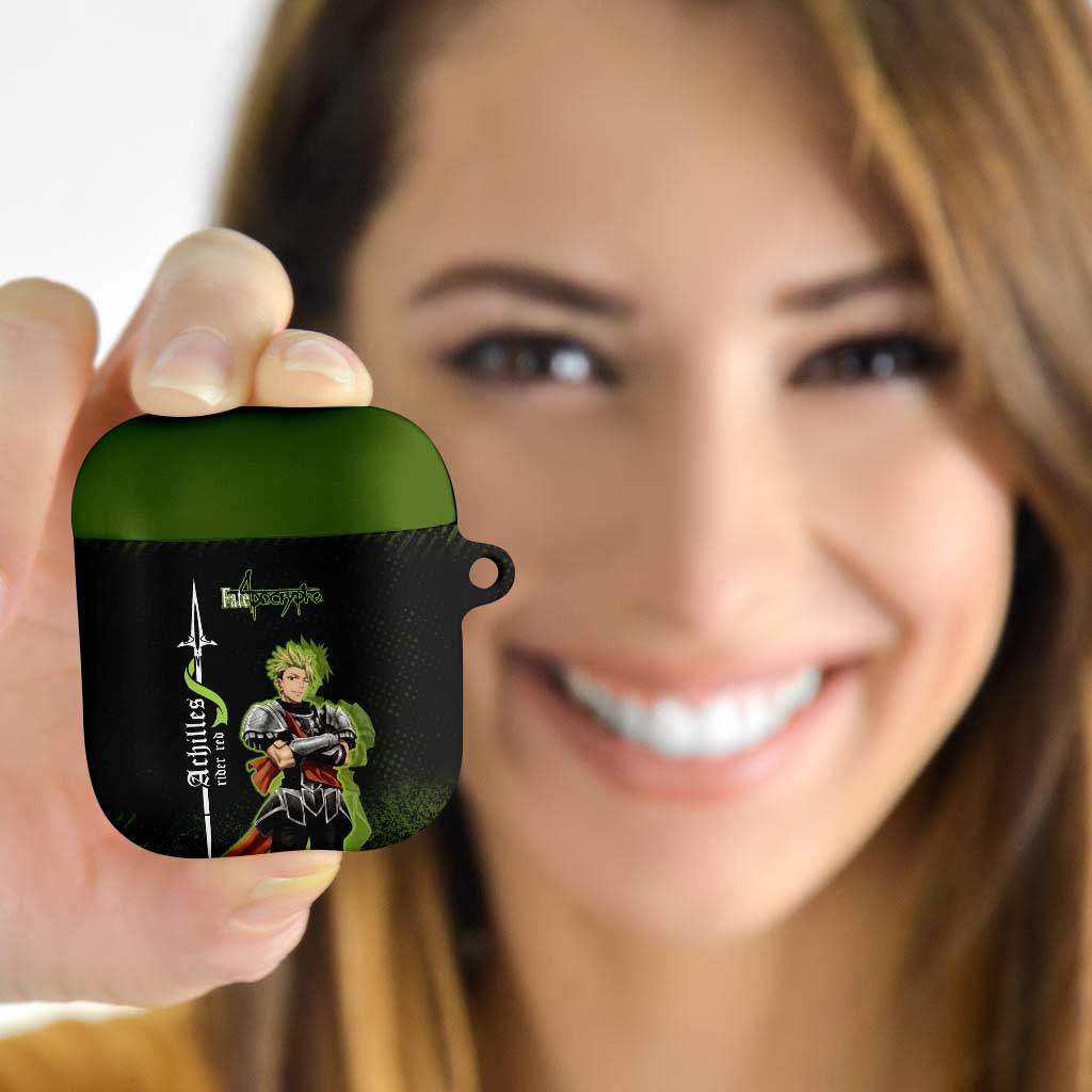 Achilles Fate Apocrypha Theme AirPods Case with Spear Pose and Green Black Grunge Graphic Design - The Mazicc