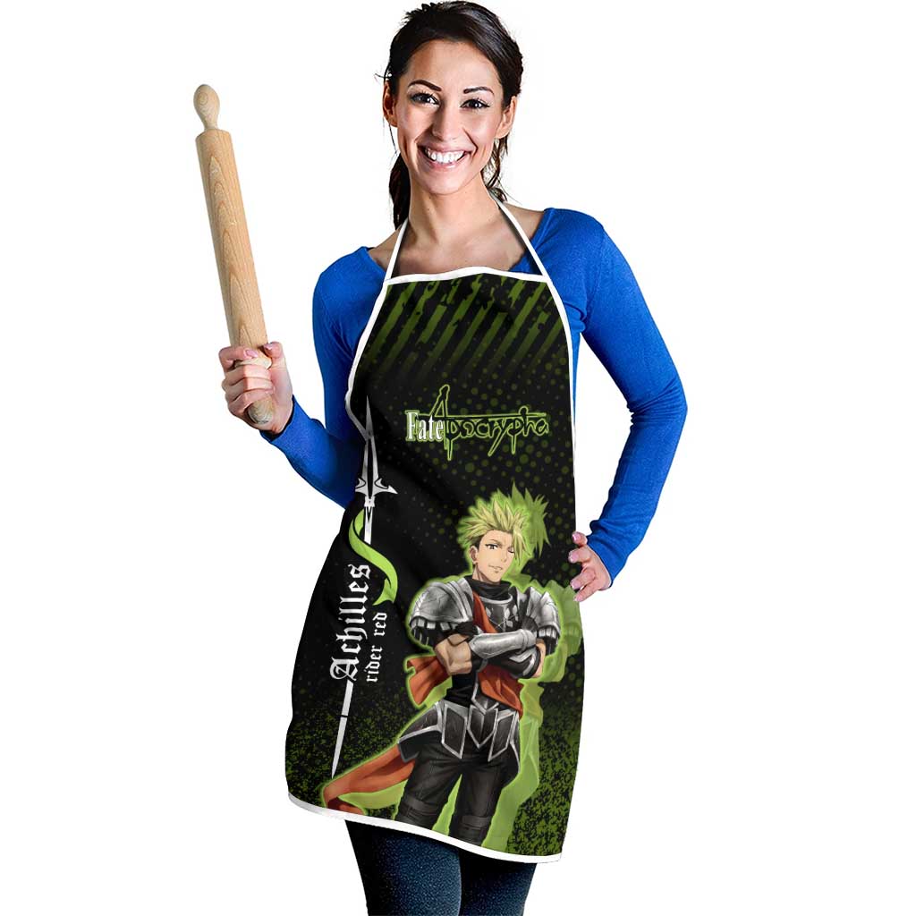 Achilles Fate Apocrypha Theme Apron with Spear Pose and Green Black Grunge Graphic Design - The Mazicc