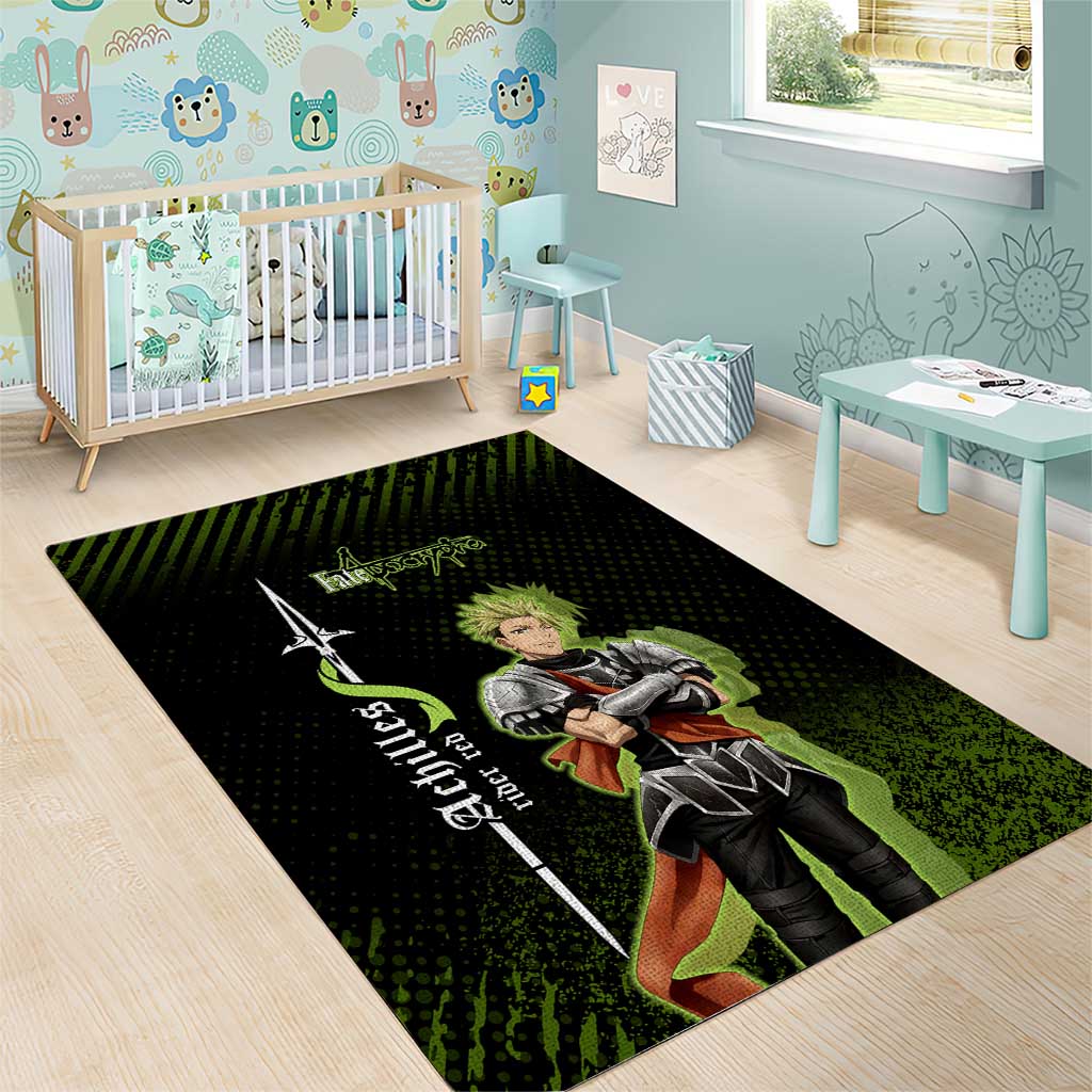 Achilles Fate Apocrypha Theme Area Rug with Spear Pose and Green Black Grunge Graphic Design - The Mazicc
