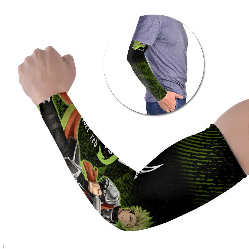 Achilles Fate Apocrypha Theme Arm Sleeves with Spear Pose and Green Black Grunge Graphic Design - The Mazicc