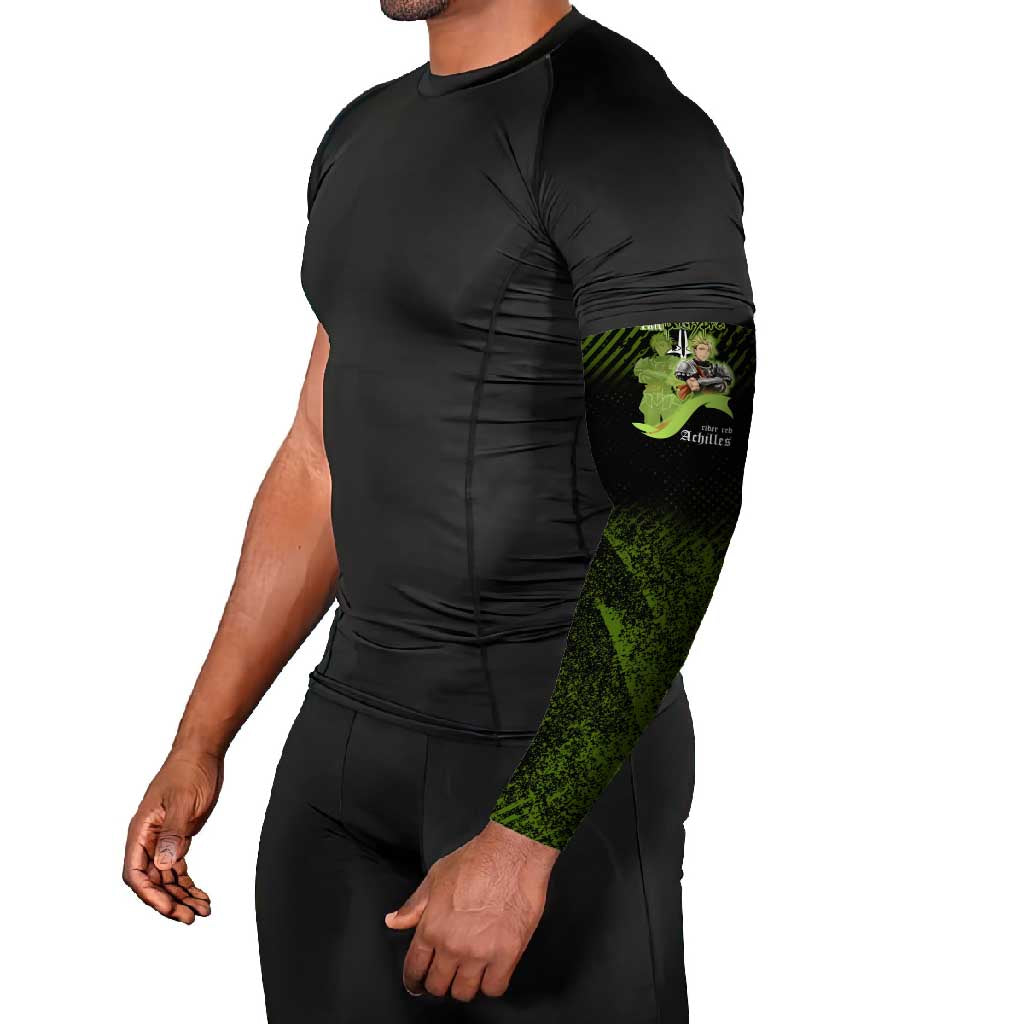 Achilles Fate Apocrypha Theme Arm Sleeves with Spear Pose and Green Black Grunge Graphic Design - The Mazicc