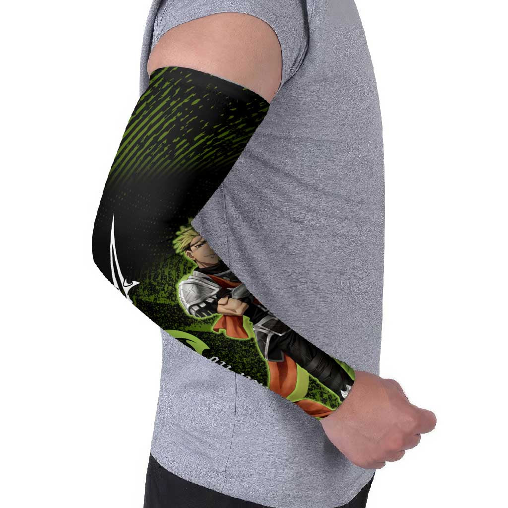 Achilles Fate Apocrypha Theme Arm Sleeves with Spear Pose and Green Black Grunge Graphic Design - The Mazicc