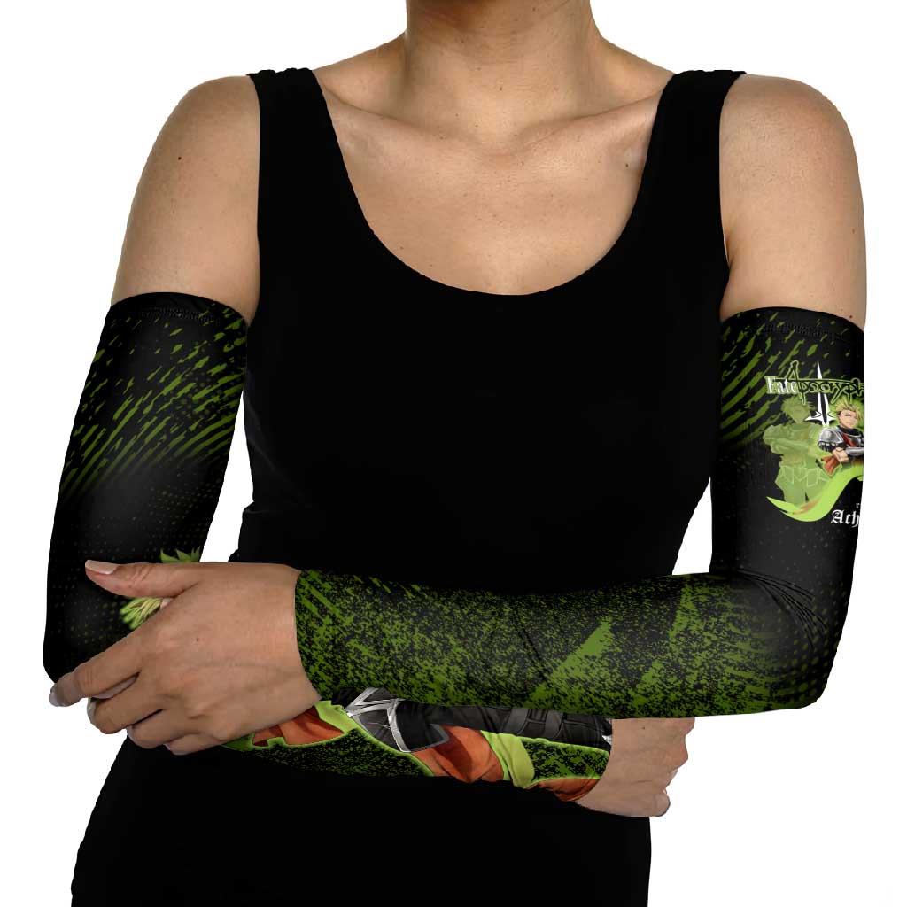 Achilles Fate Apocrypha Theme Arm Sleeves with Spear Pose and Green Black Grunge Graphic Design - The Mazicc