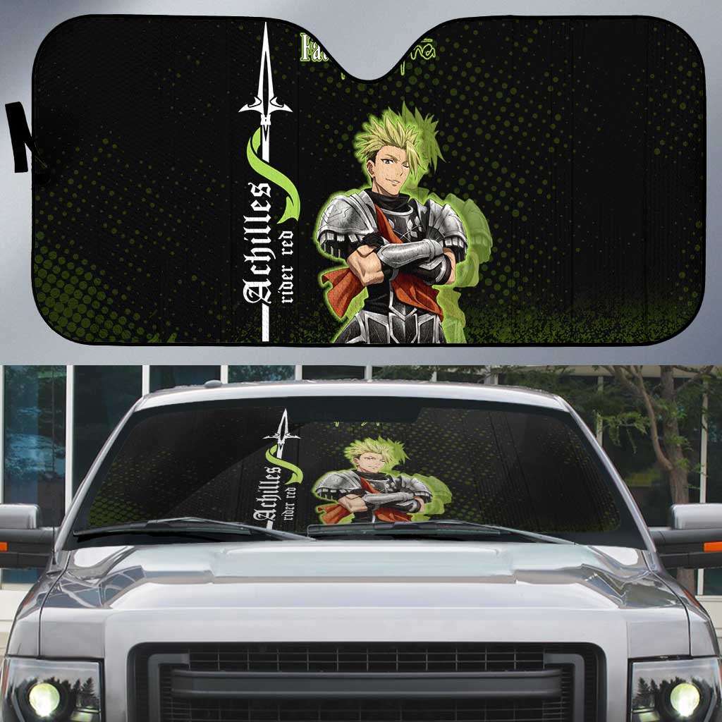Achilles Fate Apocrypha Theme Auto Sun Shade with Spear Pose and Green Black Grunge Graphic Design - The Mazicc