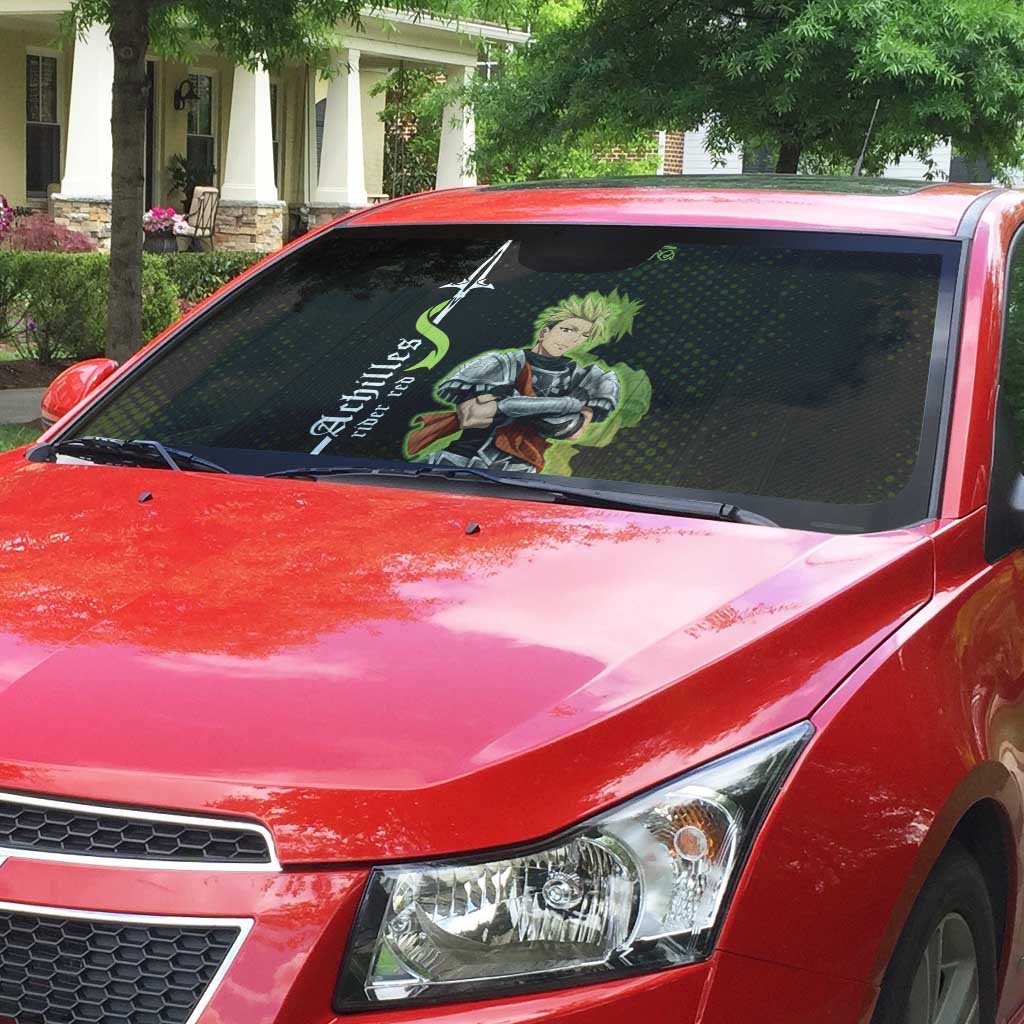 Achilles Fate Apocrypha Theme Auto Sun Shade with Spear Pose and Green Black Grunge Graphic Design - The Mazicc