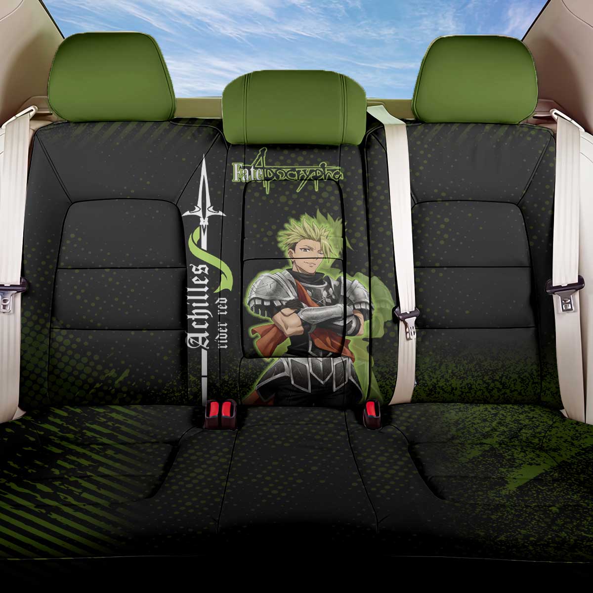 Achilles Fate Apocrypha Theme Back Car Seat Cover with Spear Pose and Green Black Grunge Graphic Design - The Mazicc