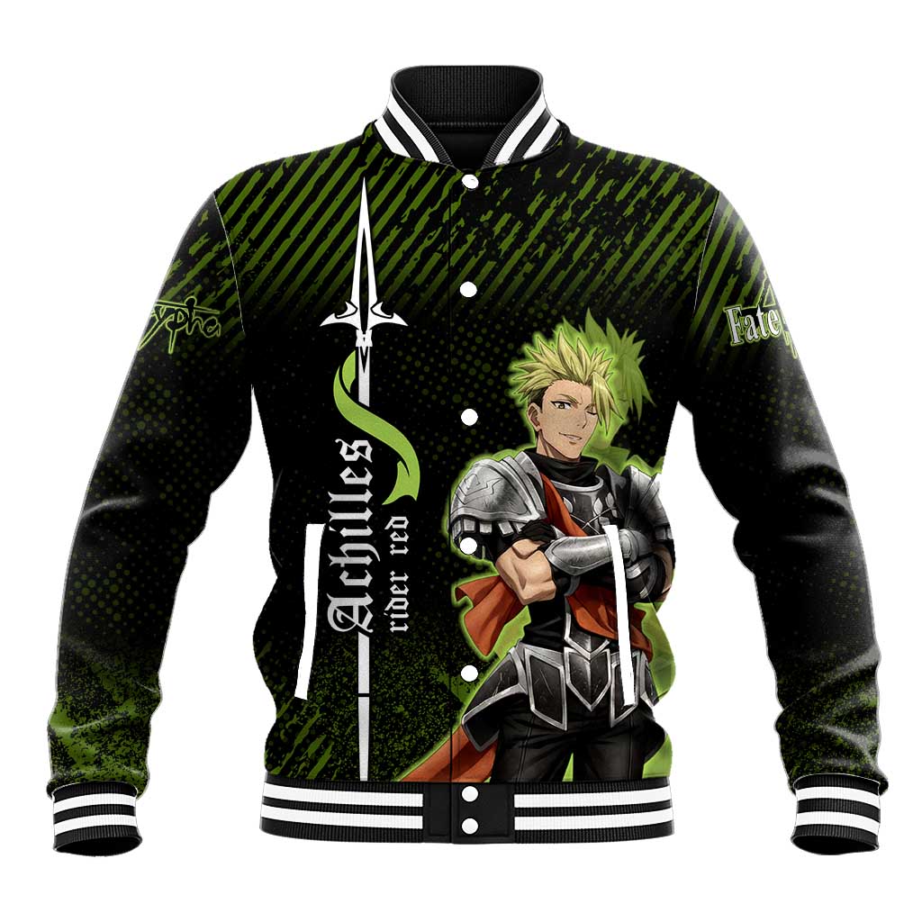 Achilles Fate Apocrypha Theme Baseball Jacket with Spear Pose and Green Black Grunge Graphic Design - The Mazicc