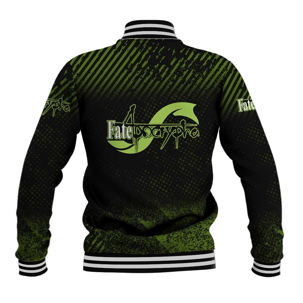 Achilles Fate Apocrypha Theme Baseball Jacket with Spear Pose and Green Black Grunge Graphic Design - The Mazicc