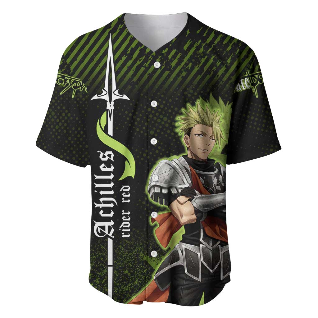 Achilles Fate Apocrypha Theme Baseball Jersey with Spear Pose and Green Black Grunge Graphic Design - The Mazicc