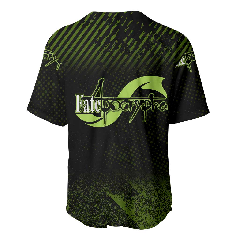 Achilles Fate Apocrypha Theme Baseball Jersey with Spear Pose and Green Black Grunge Graphic Design - The Mazicc