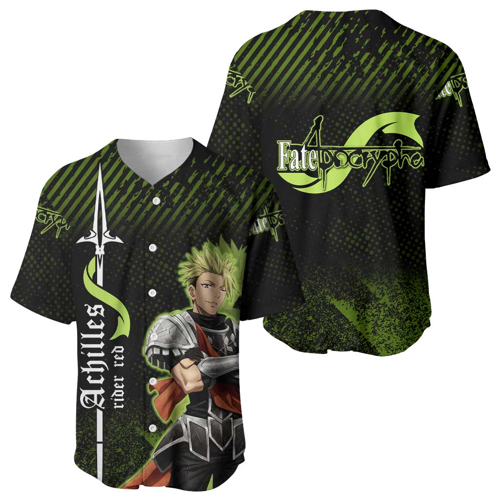 Achilles Fate Apocrypha Theme Baseball Jersey with Spear Pose and Green Black Grunge Graphic Design - The Mazicc