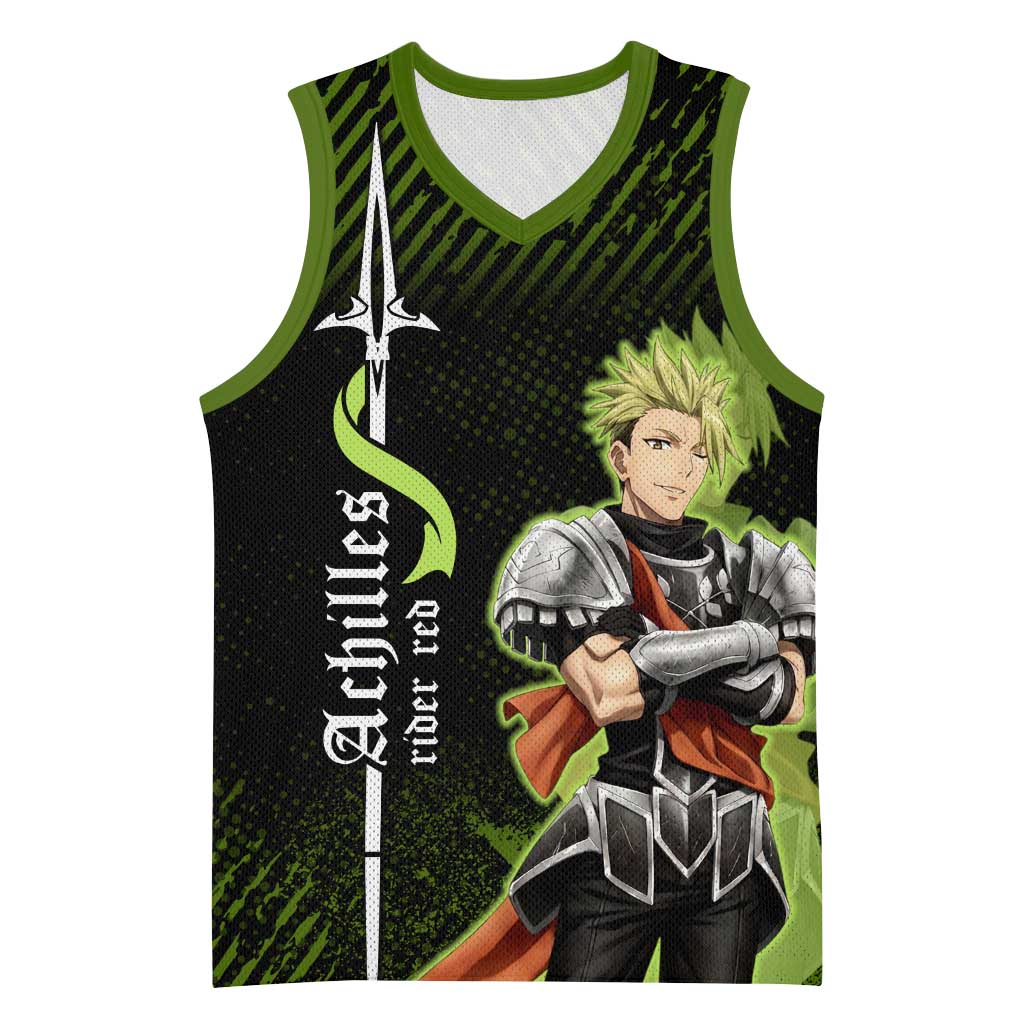 Achilles Fate Apocrypha Theme Basketball Jersey with Spear Pose and Green Black Grunge Graphic Design - The Mazicc