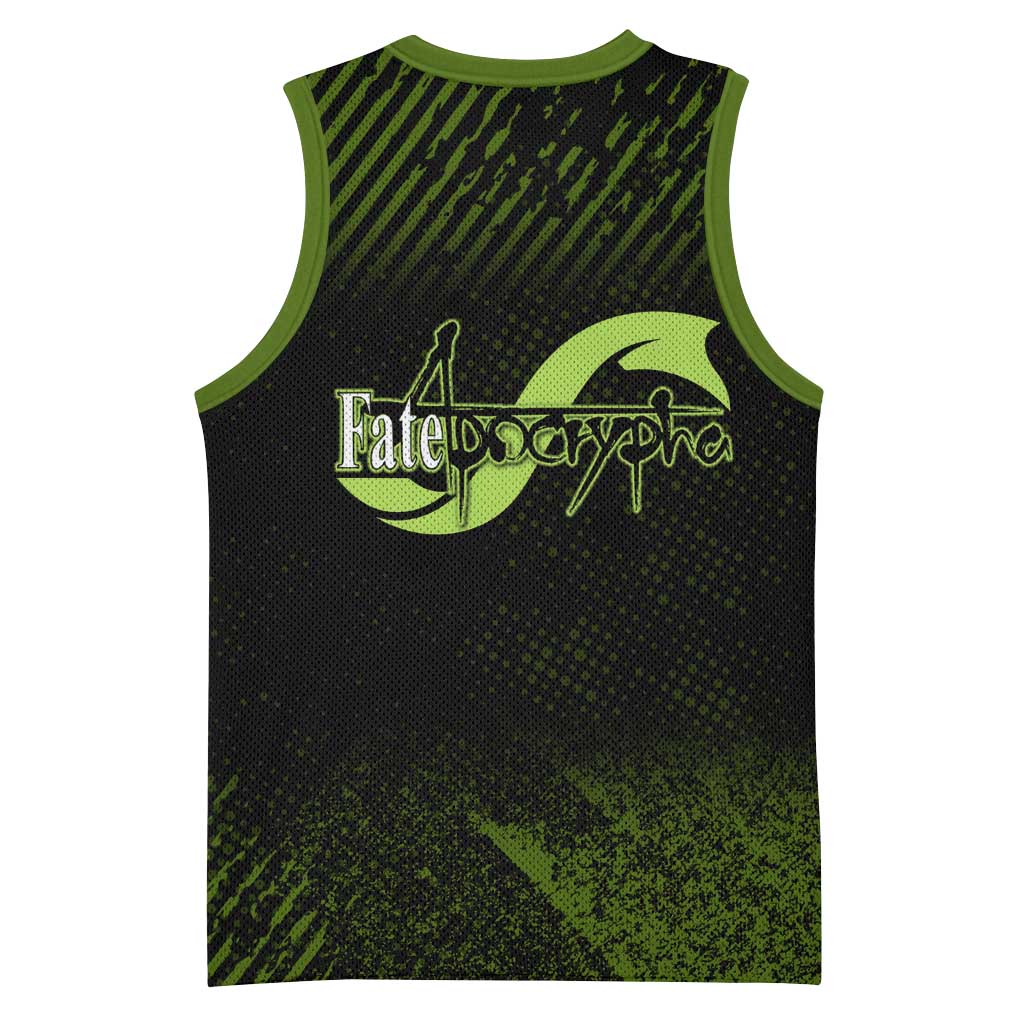 Achilles Fate Apocrypha Theme Basketball Jersey with Spear Pose and Green Black Grunge Graphic Design - The Mazicc