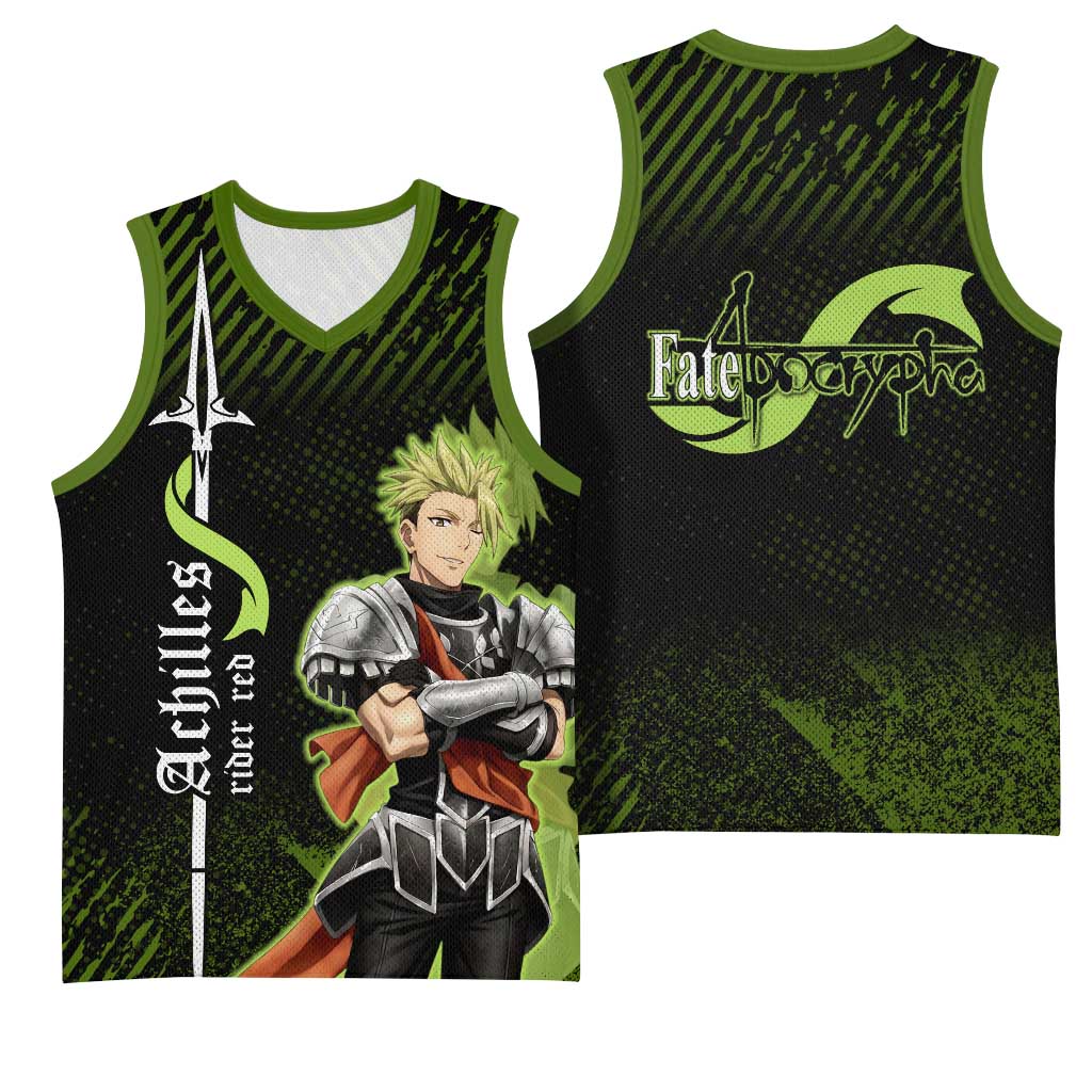 Achilles Fate Apocrypha Theme Basketball Jersey with Spear Pose and Green Black Grunge Graphic Design - The Mazicc