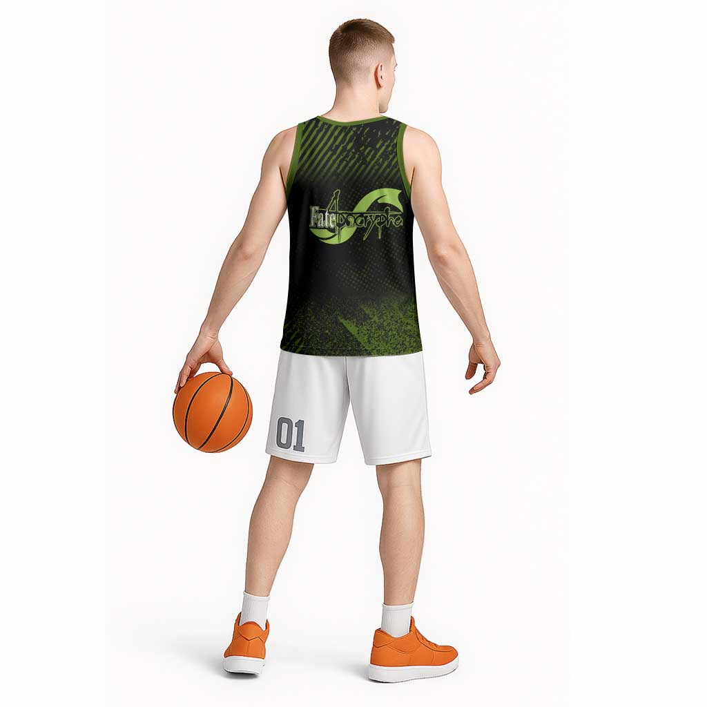 Achilles Fate Apocrypha Theme Basketball Jersey with Spear Pose and Green Black Grunge Graphic Design - The Mazicc