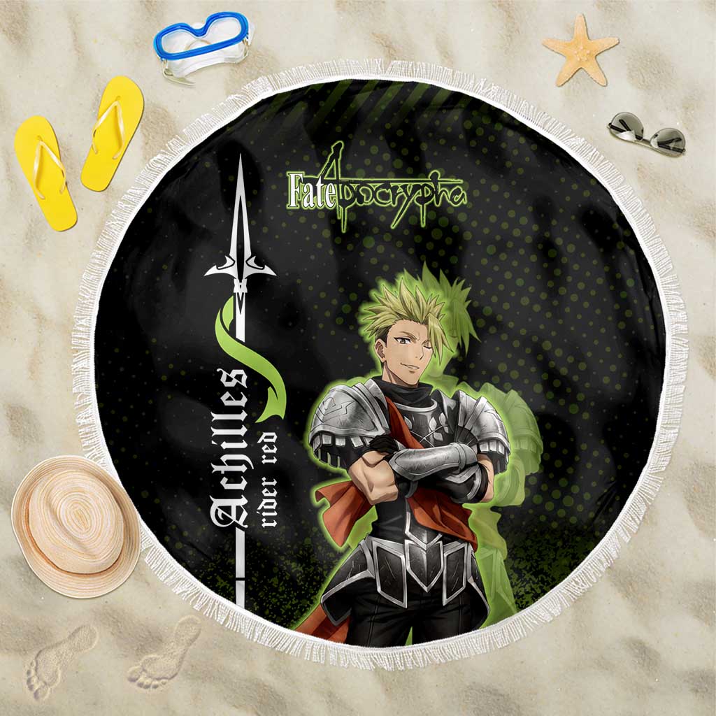 Achilles Fate Apocrypha Theme Beach Blanket with Spear Pose and Green Black Grunge Graphic Design - The Mazicc