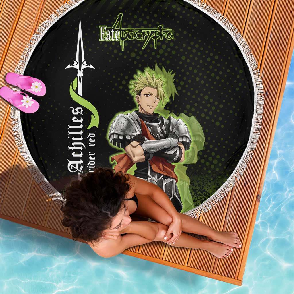 Achilles Fate Apocrypha Theme Beach Blanket with Spear Pose and Green Black Grunge Graphic Design - The Mazicc