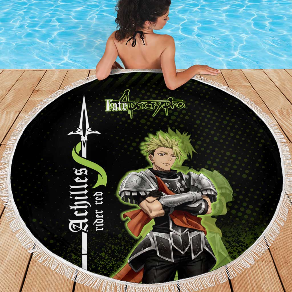 Achilles Fate Apocrypha Theme Beach Blanket with Spear Pose and Green Black Grunge Graphic Design - The Mazicc