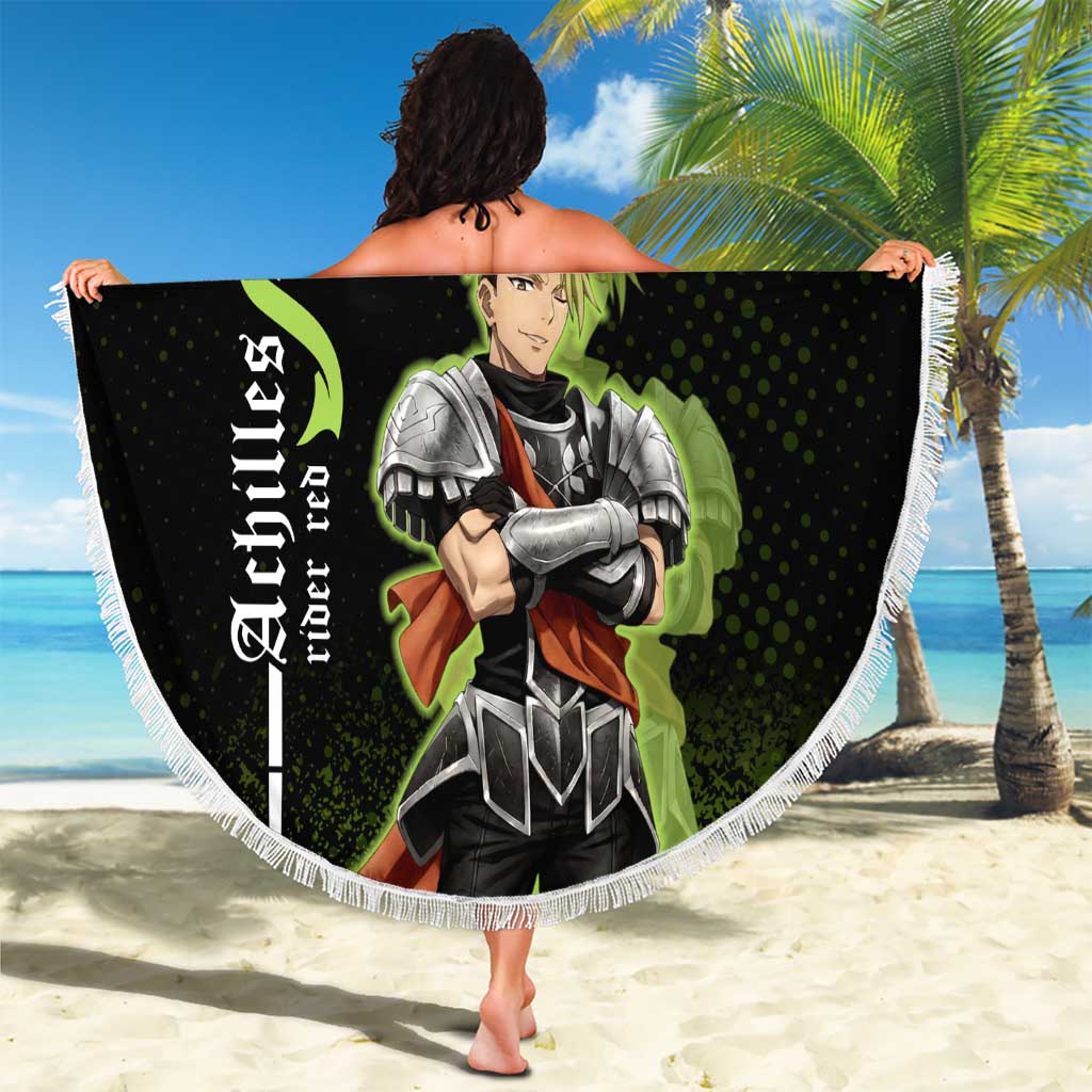 Achilles Fate Apocrypha Theme Beach Blanket with Spear Pose and Green Black Grunge Graphic Design - The Mazicc