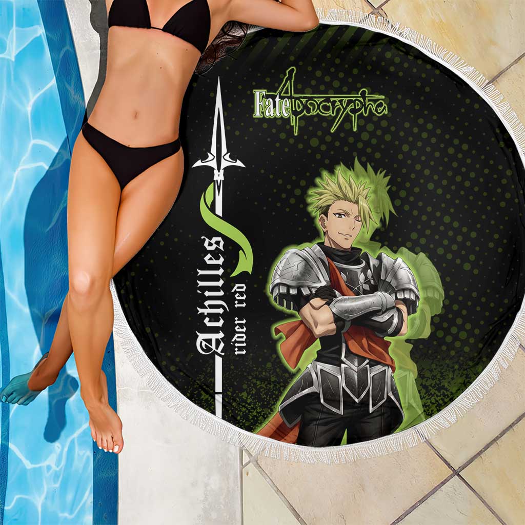 Achilles Fate Apocrypha Theme Beach Blanket with Spear Pose and Green Black Grunge Graphic Design - The Mazicc
