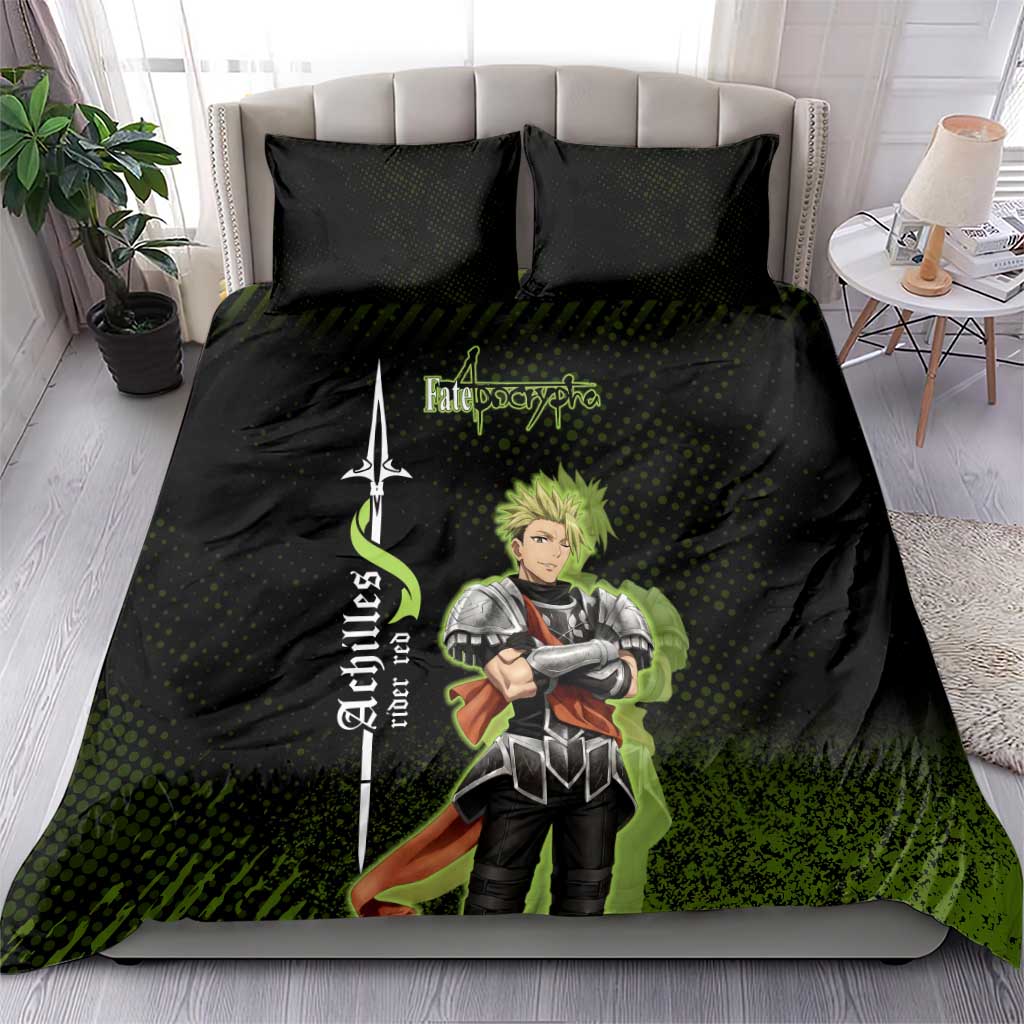 Achilles Fate Apocrypha Theme Bedding Set with Spear Pose and Green Black Grunge Graphic Design - The Mazicc