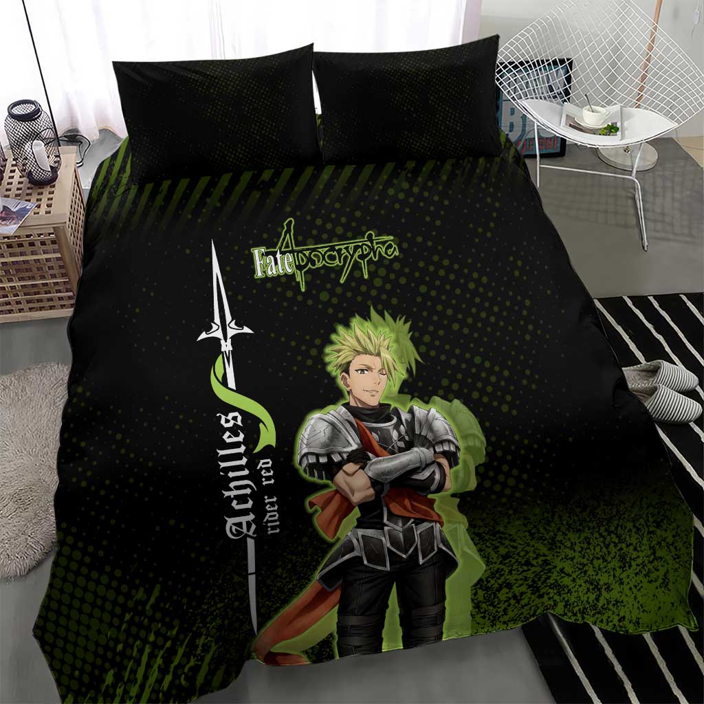Achilles Fate Apocrypha Theme Bedding Set with Spear Pose and Green Black Grunge Graphic Design - The Mazicc