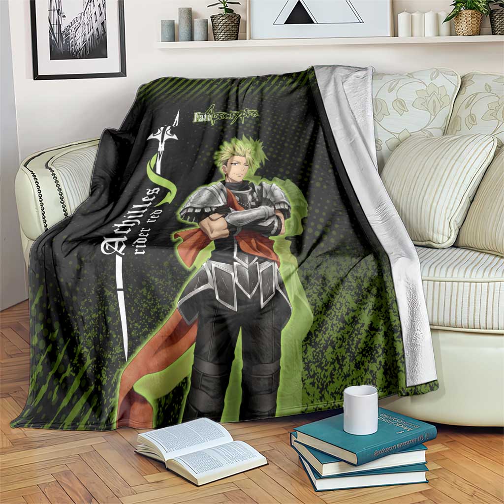 Achilles Fate Apocrypha Theme Blanket with Spear Pose and Green Black Grunge Graphic Design - The Mazicc