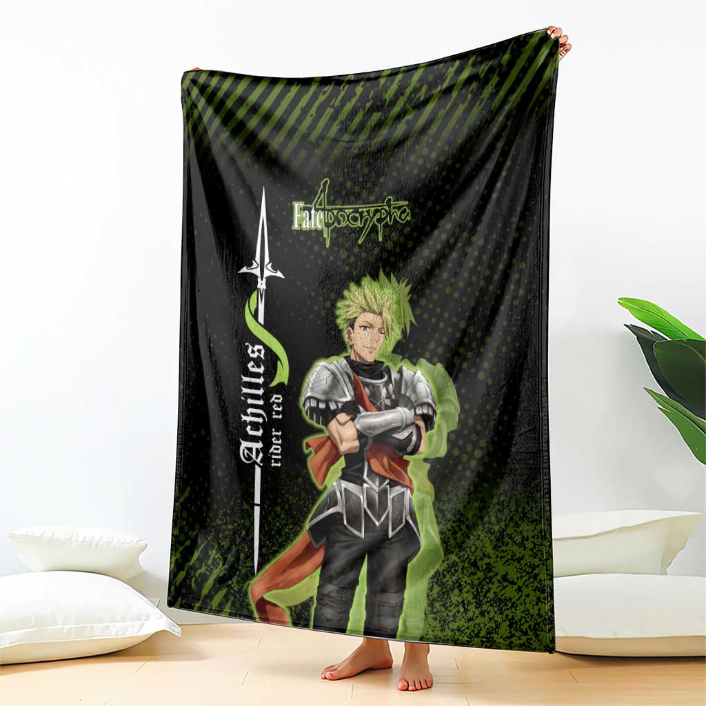 Achilles Fate Apocrypha Theme Blanket with Spear Pose and Green Black Grunge Graphic Design - The Mazicc