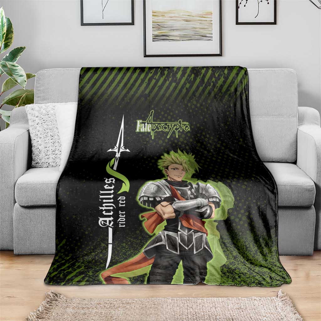 Achilles Fate Apocrypha Theme Blanket with Spear Pose and Green Black Grunge Graphic Design - The Mazicc