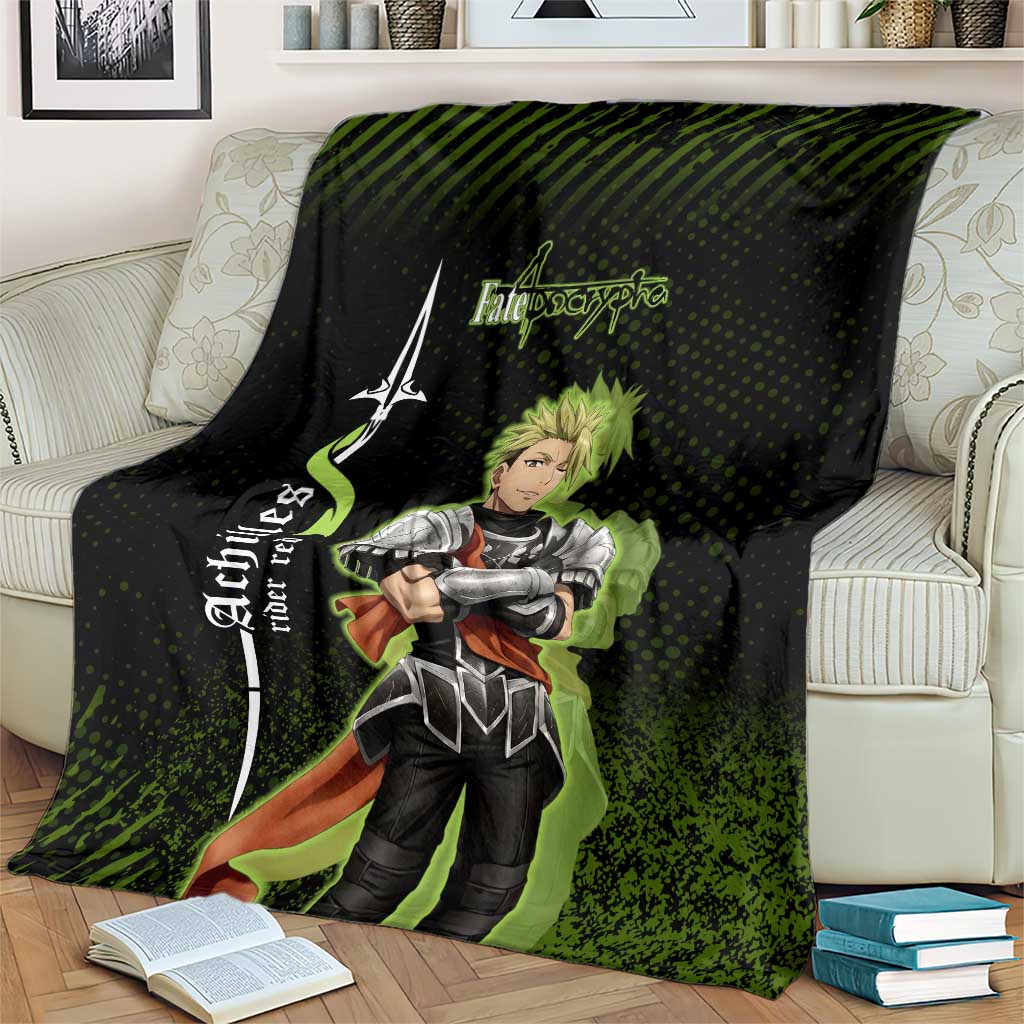 Achilles Fate Apocrypha Theme Blanket with Spear Pose and Green Black Grunge Graphic Design - The Mazicc