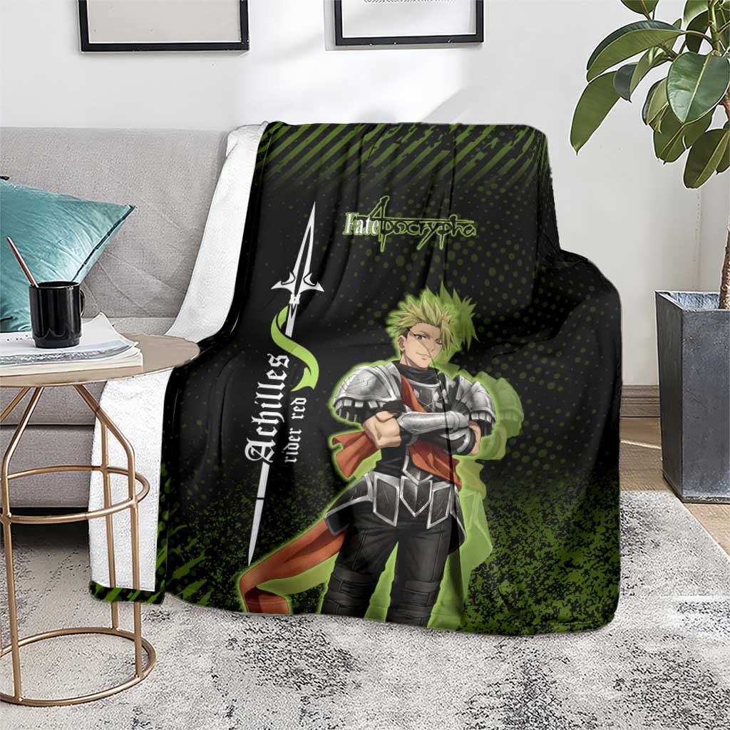 Achilles Fate Apocrypha Theme Blanket with Spear Pose and Green Black Grunge Graphic Design - The Mazicc