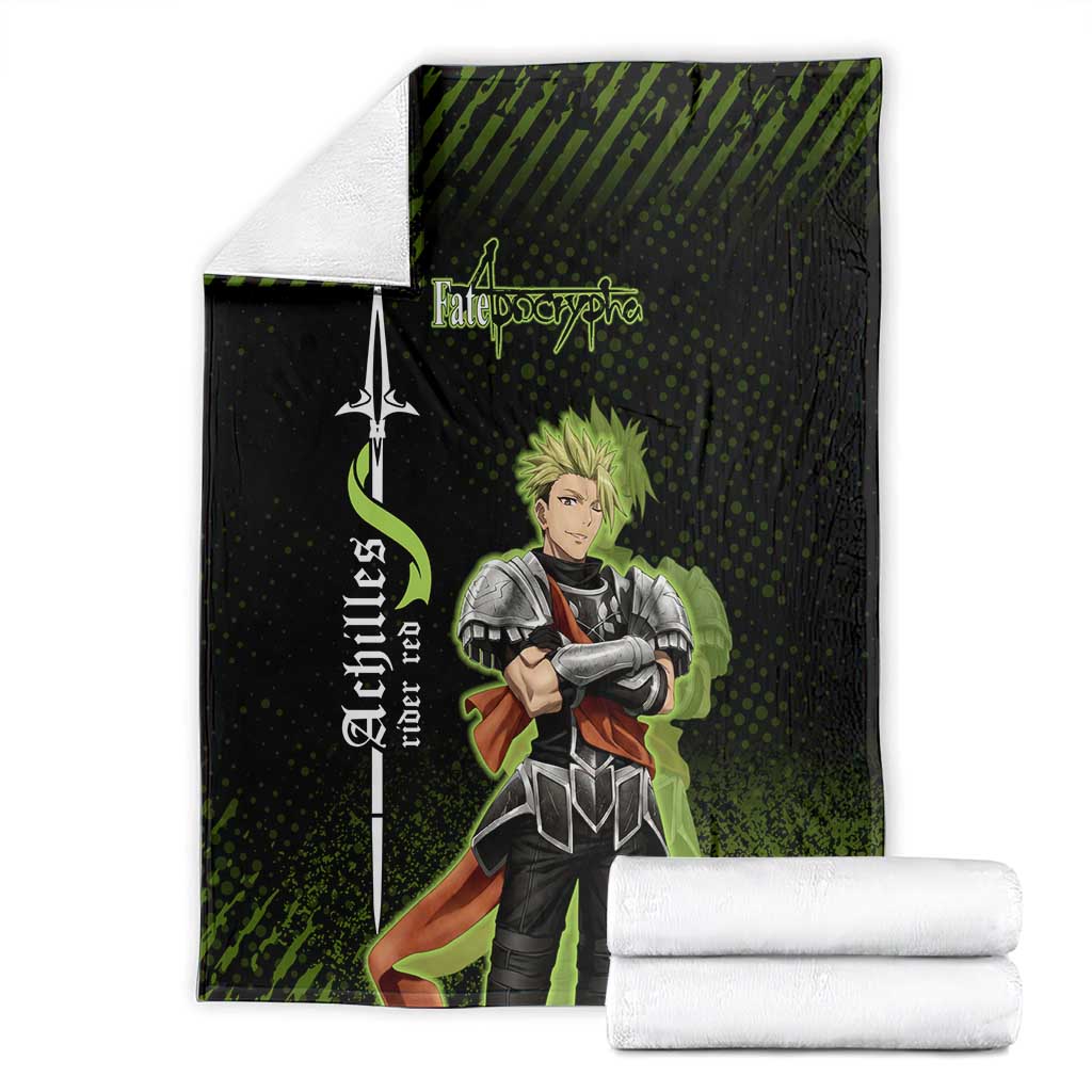 Achilles Fate Apocrypha Theme Blanket with Spear Pose and Green Black Grunge Graphic Design - The Mazicc