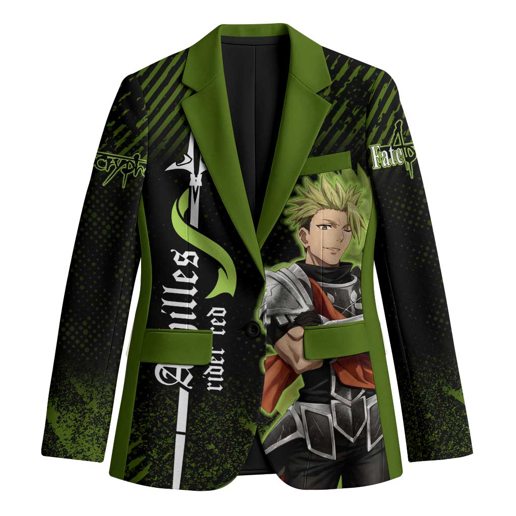 Achilles Fate Apocrypha Theme Blazer with Spear Pose and Green Black Grunge Graphic Design - The Mazicc