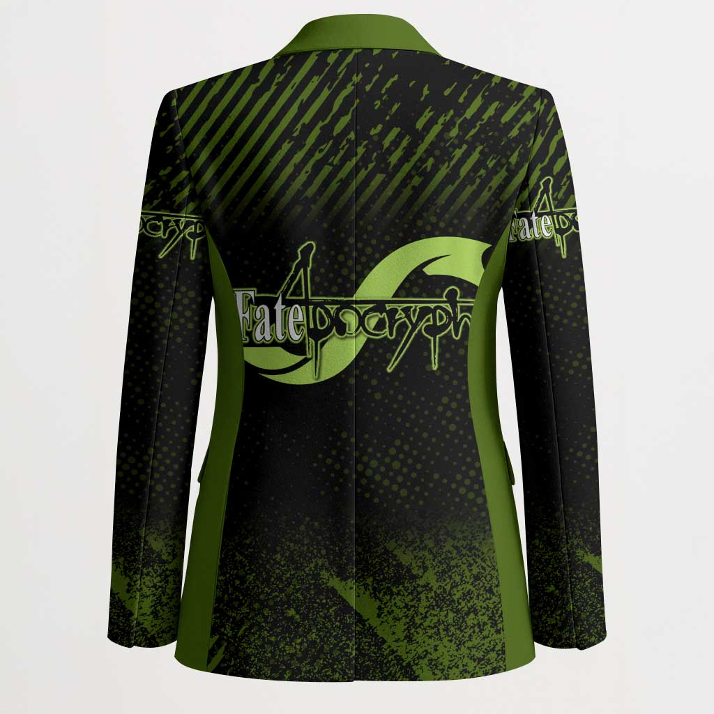 Achilles Fate Apocrypha Theme Blazer with Spear Pose and Green Black Grunge Graphic Design - The Mazicc