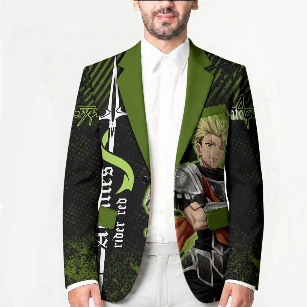Achilles Fate Apocrypha Theme Blazer with Spear Pose and Green Black Grunge Graphic Design - The Mazicc