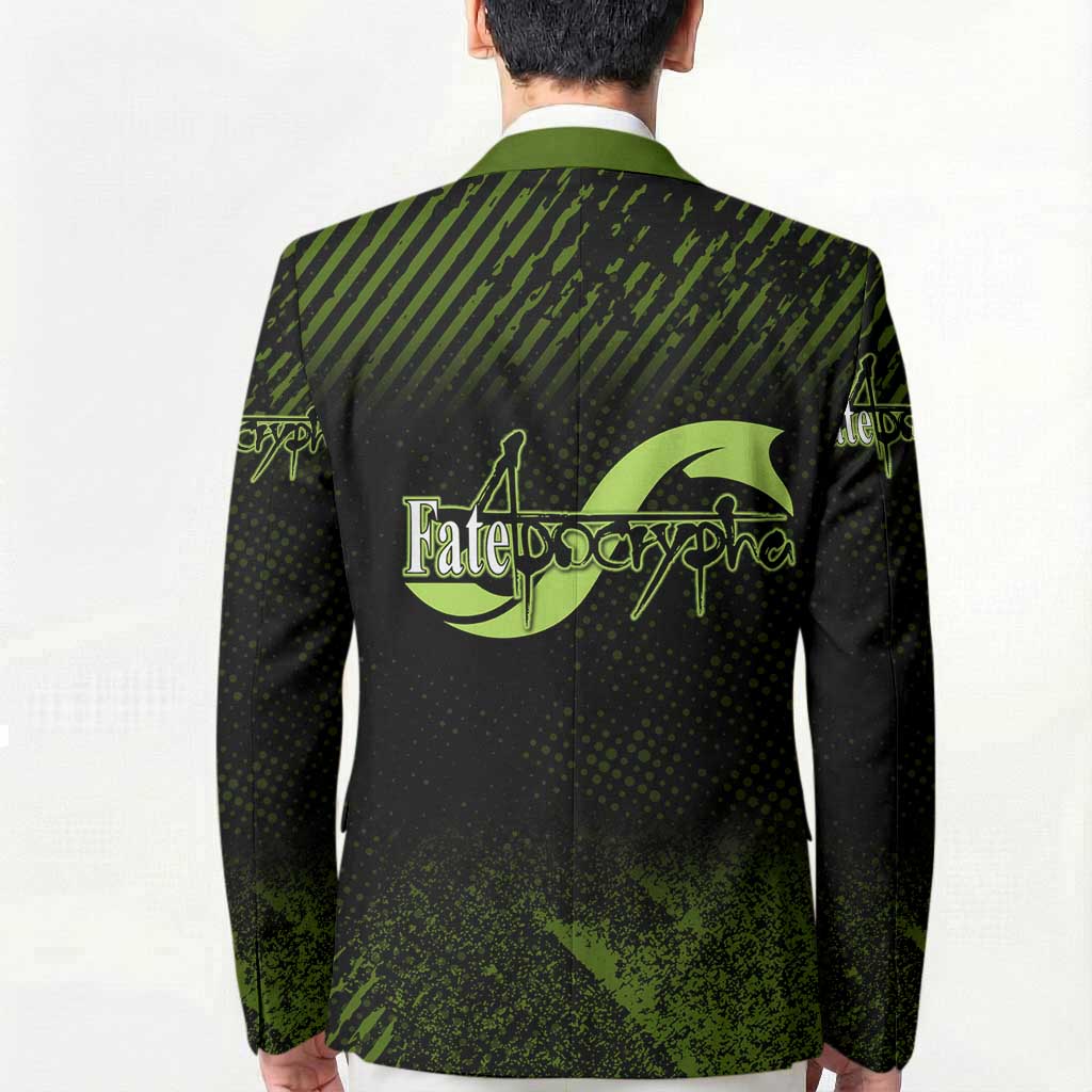 Achilles Fate Apocrypha Theme Blazer with Spear Pose and Green Black Grunge Graphic Design - The Mazicc