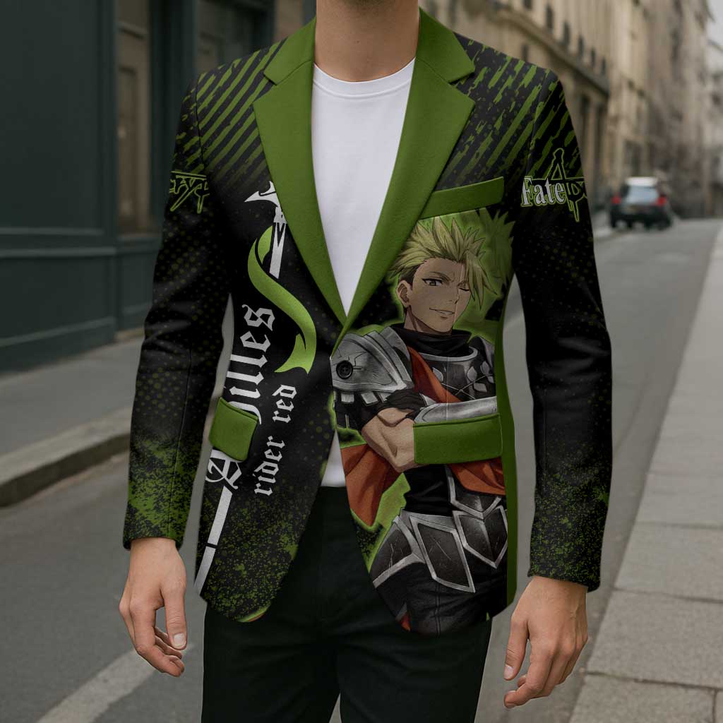 Achilles Fate Apocrypha Theme Blazer with Spear Pose and Green Black Grunge Graphic Design - The Mazicc